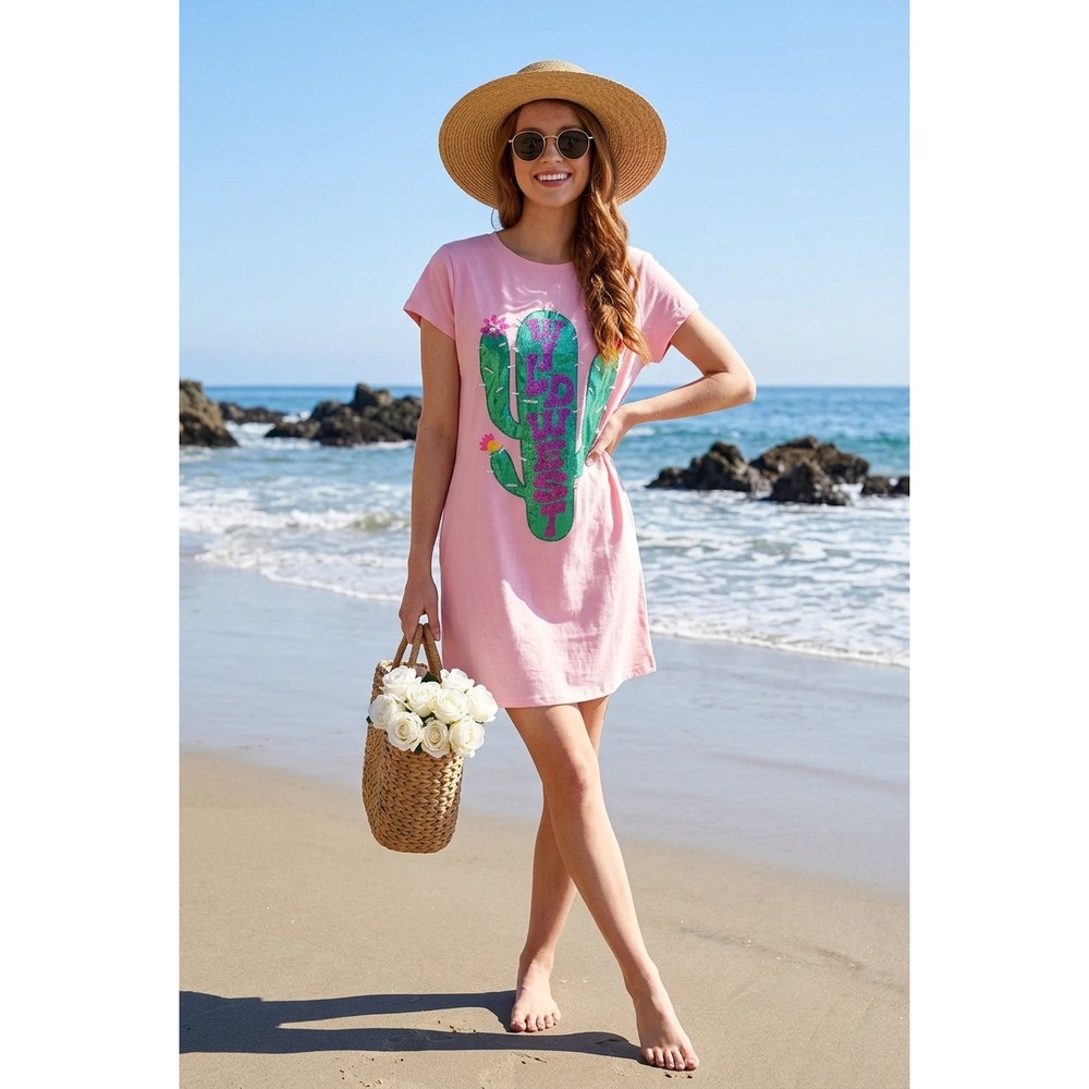 Fantastic Fawn Pink Wild West Cactus Sequin T-Shirt Dress Oversized A-Line Med